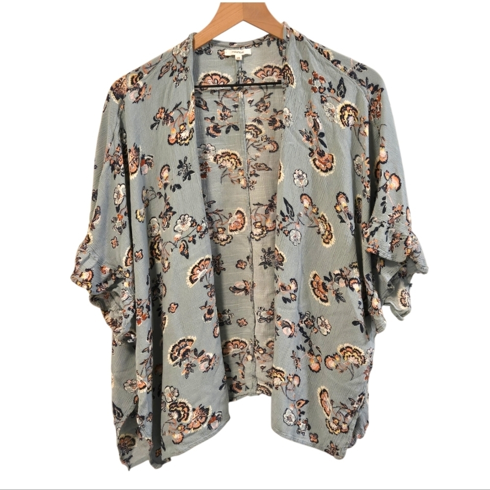 Maurices Light Blue Floral Elbow Sleeve Open Front Kimono One Size